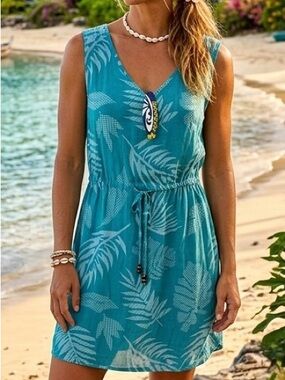 Palm Wave Women's Aloha Dress in the "Aqua Leaf" print